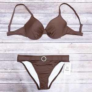 Swim Systems Brown Espresso Underwire Push Up Silver Tone Ring Bikini NWT Small